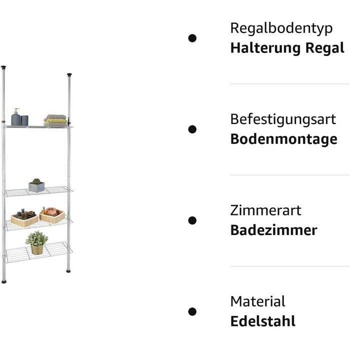 Телескопічна полиця для ванної кімнати Tectake 402861, регульована по висоті універсальна полиця з 4 полицями та нековзними гумовими ніжками