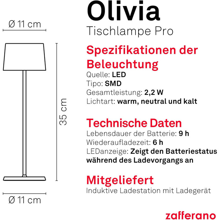 Zafferano Olivia Pro: Портативна LED-лампа з торшером, регулювання яскравості, 2200-3000K, Corten, для дому та саду