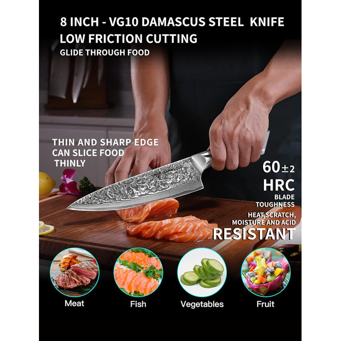 Ніж кухарський 20 см Xuan Серія VG10 Дамаська сталь, ручка з харчового пластику (смарагдовий)