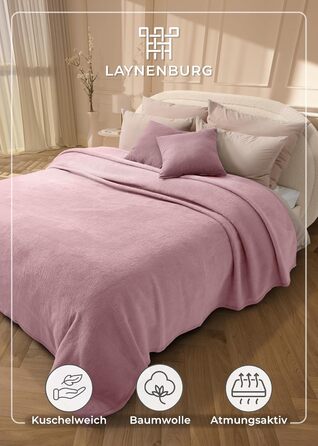 Ковдра LAYENBURG Premium з бавовни, Oeko-Tex 100, 150x200 см, пудрово-рожева. М'яка пледова ковдра для дому, дивана та ліжка. Бавовняний мікс, тепла та затишна.
