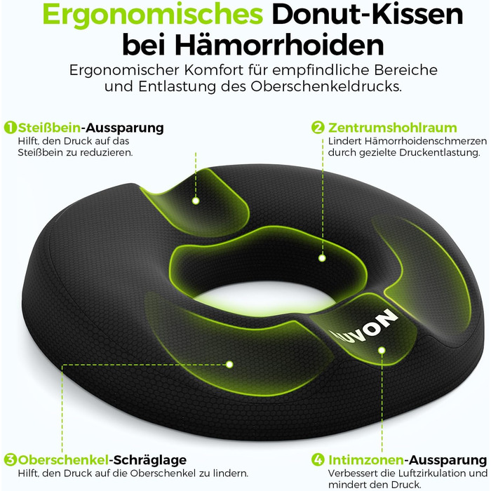 Ортопедична подушка для сидіння AUVON кругла з подвійною U-подібною формою для копчика та геморой, розвантажувальна подушка для офісного крісла та авто, 47*37*7.8 см