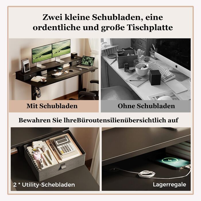 Регульований за висотою стіл Klicelor з двома ящиками, електричний, для офісу та дому, 160 x 60 см