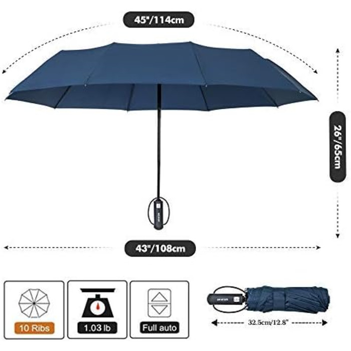 Складна парасолька ZOMAKE Stormproof, відкрита-закрита, 10 ребер, захист від ультрафіолету, сапфір, для чоловіків і жінок