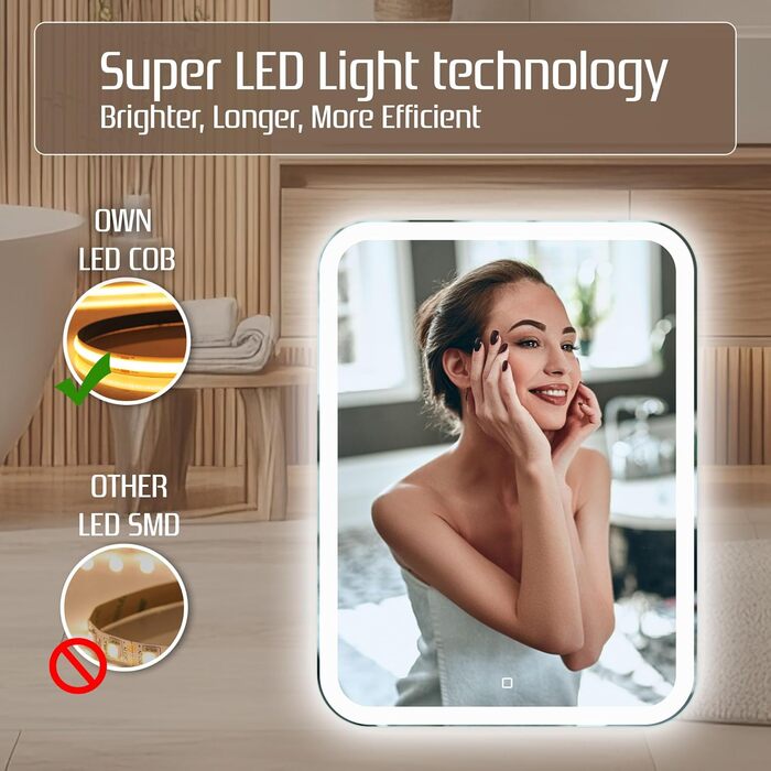 Дзеркало для ванної кімнати Venti 50x70 см з підсвічуванням та сенсорним вимикачем, LED дзеркало для ванної кімнати