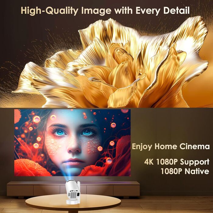 Портативний проєктор Mini Beamer 4K/1080p з Wi-Fi 6, Bluetooth 5.4, Android 13.0. Короткий фокус, поворот 270°, авто-корекція трапецеїдальних спотворень. Підтримка HDMI, TV Stick, Laptop, Memory Stick