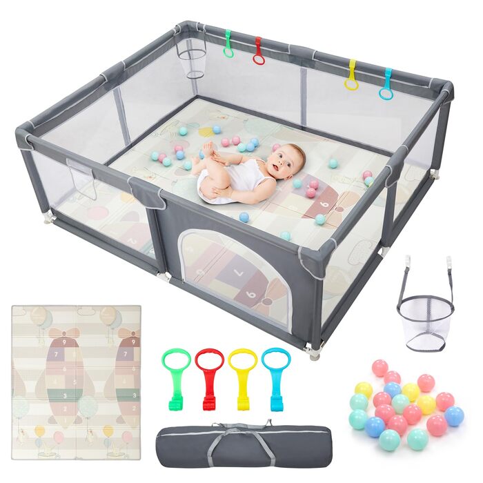 Манеж дитячий CHOLY для немовлят та малюків, 128x128 см, сірий з килимком 150x180 см - безпечний, міцний, з сіткою та захистом