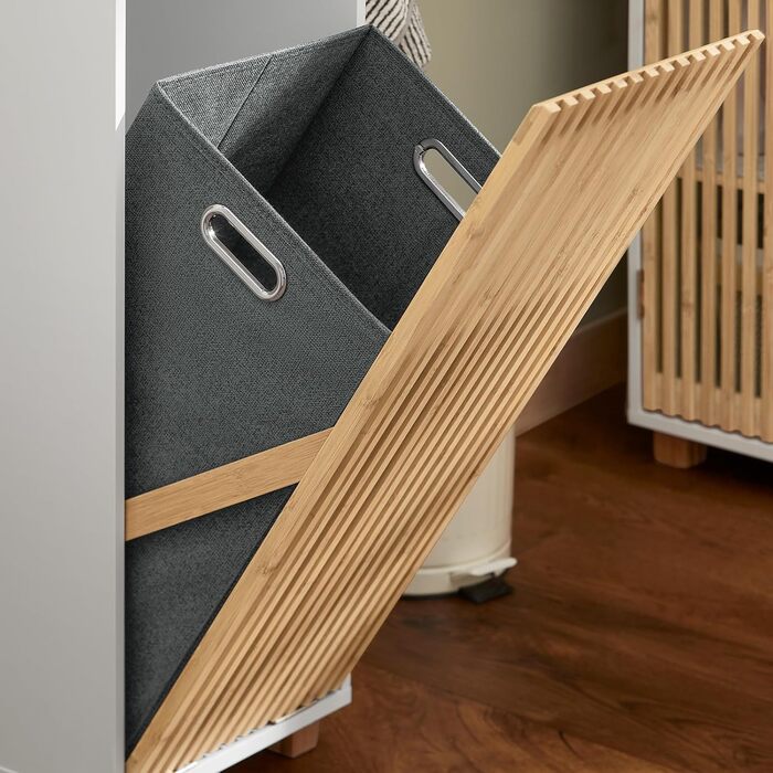 Тумбочка у ванну кімнату SoBuy, вузька, 33x165x33 см, з бамбуковими дверцятами, білий колір, для зберігання речей