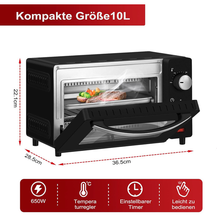 Міні-піч Wannyton 10L: піч для піци, випічки та хліба, 650W, 100-230°C, таймер, решітка, деко, чорний