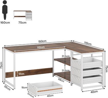Письмовий стіл Tribesigns L-подібний з 4 висувними ящиками, комп'ютерний стіл з 2 полицями, кутовий стіл з місцем для зберігання для офісу, кабінету, вітальні, 150×110×75 см (горіх & білий)