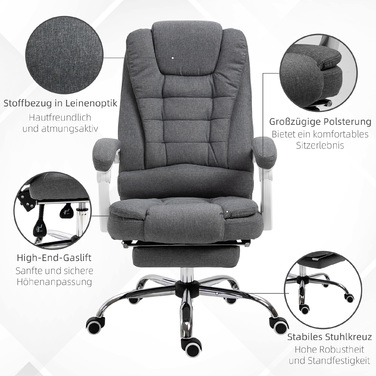 Ергономічний стілець Vinsetto Office Chair зі складною підставкою для ніг, регулюється по висоті та нахиляється, метал сірий для комфорту в домашньому офісі