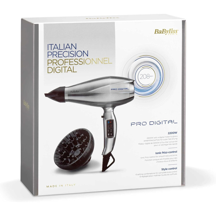 Професійний фен BaByliss Pro Digital 2200 Вт з іонною технологією та керамічним покриттям виробництва Італії, 6000E Single