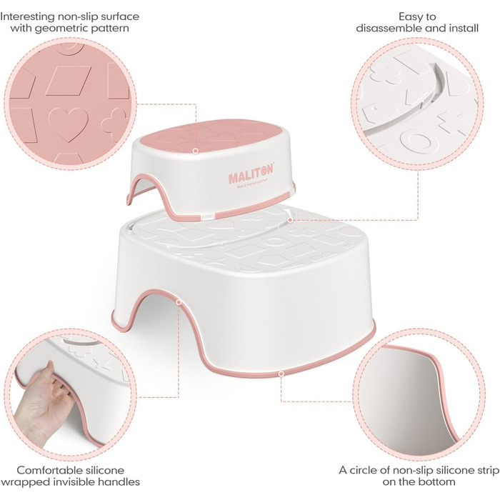 Унітаз дитячий Maliton з підставкою 2-ступінчастою для дітей 1-8 років, біло-сірий (Рожевий)