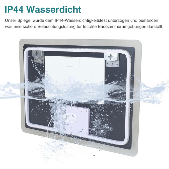 Дзеркало для ванної кімнати YU YUSING з підсвічуванням 80x60 см, LED, 3 кольори світла, регулювання яскравості, антизапар, сенсорне управління, таймер, загартоване скло, IP44, прозоре