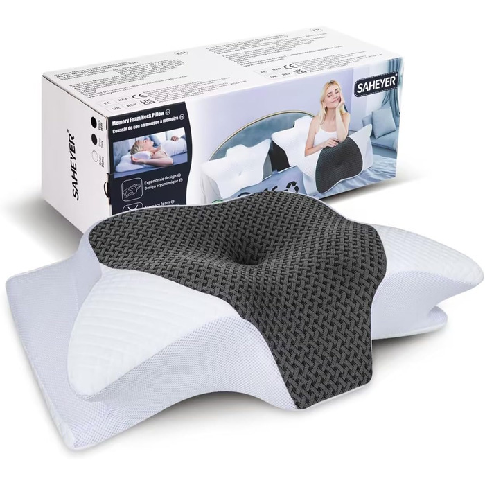 Подушка для шиї Saheyer з Memory Foam, ергономічна ортопедична подушка для сну на боці, покращує якість сну, 70 x 40 x 15/12 см, з чохлом білого та вугільно-сірого кольорів