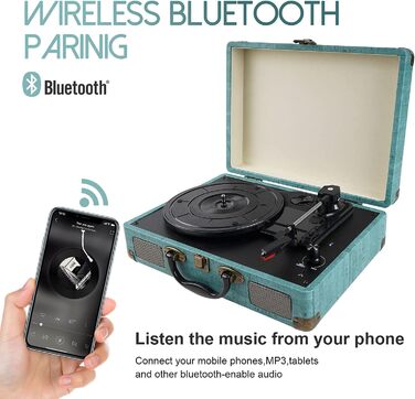 Портативний вініловий програвач Bluetooth 3-швидкісний з вбудованими динаміками, RCA, AUX, MP3, для смартфонів
