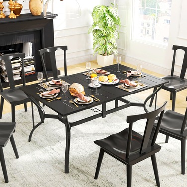 Outsunny Garden Table Сталь 150x90 см Атмосферостійкий балконний стіл з отвором для парасольки, Дизайн планок Фуршетний стіл Кемпінговий стіл на 6 персон Стіл для патіо Відкритий обідній стіл для саду, патіо Балкон чорний