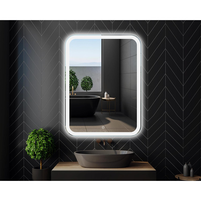Дзеркало для ванної кімнати LED 50x70 см з підсвічуванням та сенсорним вимикачем, округлені кути, прямокутна форма