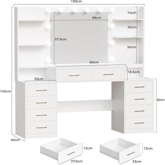 Трюмо BEWISHOME з дзеркалом, регульованою LED-підсвіткою та розетками, 10 шухлядами, 5 полицями, гачками та органайзером для прикрас, сучасний дизайн, білий колір, EFST52W