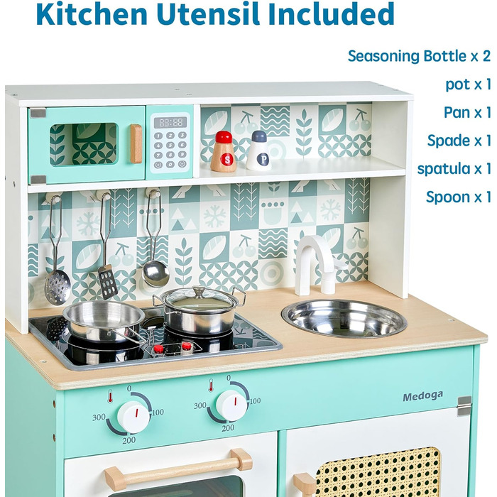 Дитяча дерев'яна кухня для гри - ігровий набір з аксесуарами, 26 предметів, іграшкова кухня для дітей 3+ років, велика зелена кухня
