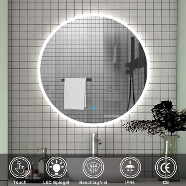 Круглий LED дзеркало для ванної кімнати 70 см з підсвічуванням, сенсорне керування, протизапітніння, Alpha Series, 70x70 см, холодне біле світло