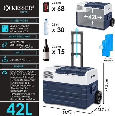 KESSER® Холодильник-морозильник компресорний електричний 42л, -20°C, з керуванням через додаток, USB, 12/24/230V, телескопічна стійка, колеса, для авто, вантажівки, човна, блакитний