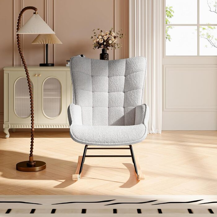 Крісло-гойдалка Liuyoyo з високою спинкою, м'яке крісло з оббивкою, для спальні, офісу, читання, сучасний дизайн (Рожевий, Світло-сірий)