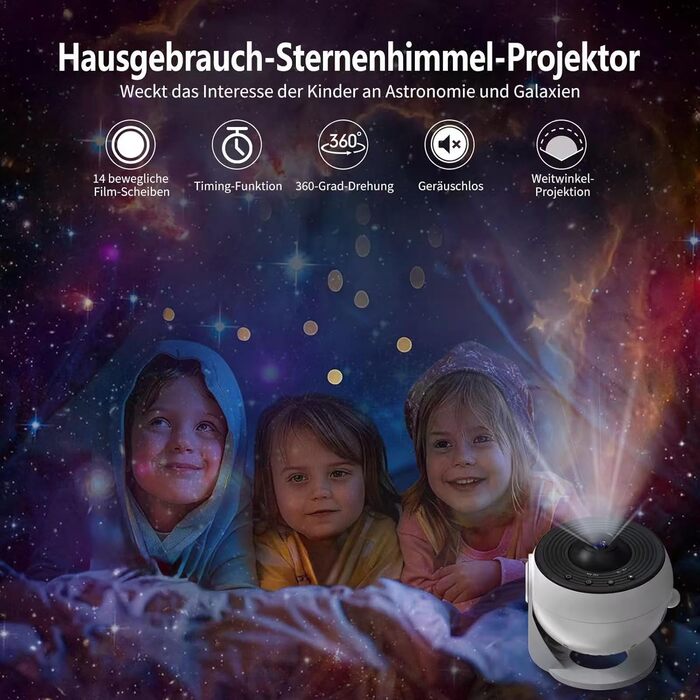 Проектор нічного неба Sternenhimmel Home Planetarium: лампа-проектор зірок та галактики для дітей та дорослих, 14 дисків з планетами, Місяцем та тематичними сценами для спальні