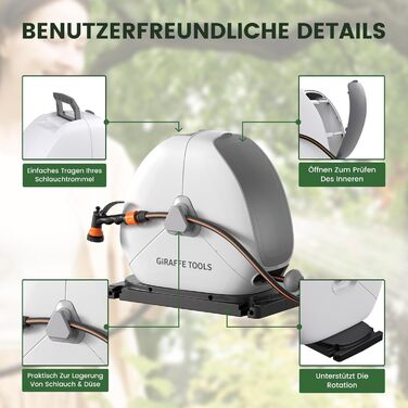 Тросовий барабан для садового шланга Giraffe Tools 25 м з висувною конструкцією, міцною основою, 7-функціональною насадкою та 360° поворотним кріпленням