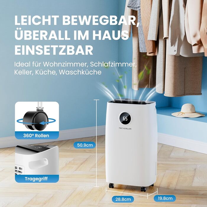 Електричний осушувач повітря 15L, 30㎡, для підвалу, з тачем, 2.5L бак, дренажний шланг, 46dB, таймер 24h, гарантія 3 роки