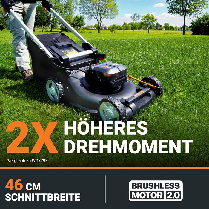 Акумуляторний газонокосарка WORX WG749E 40V PowerShare з радіоприводом, безщітковий двигун, ширина зрізу 46 см, 7 положень висоти зрізу, чорний (Modern), з акумулятором та зарядним пристроєм