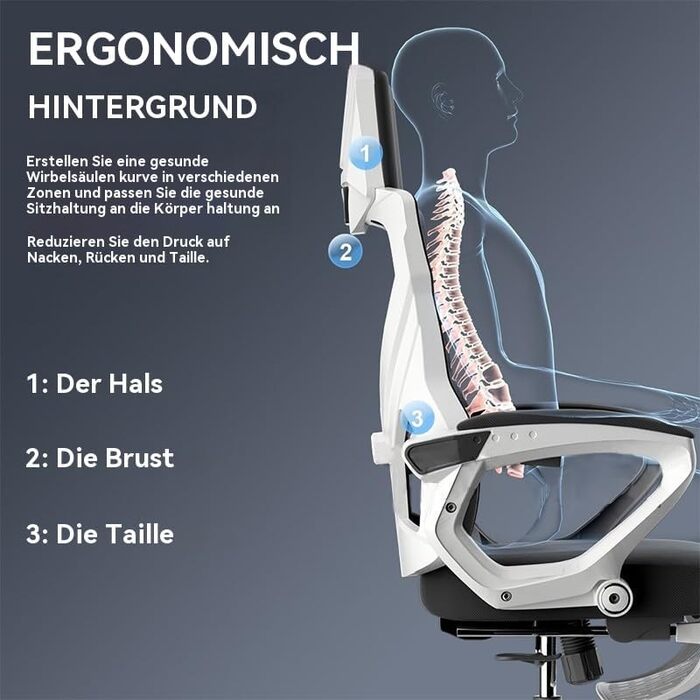 Ергономічне крісло для офісу з високою спинкою та регульованою поперековою підтримкою, дихаючий сітчастий ігровий стілець з широким сидінням, підніжка, стабільне комп'ютерне крісло (Білий)