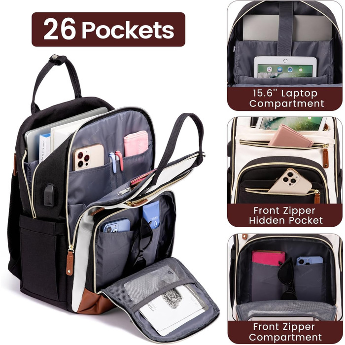 Рюкзак LOVEVOOK для дівчат та хлопців, 15.6 дюймів, водонепроникний, з відділенням для ноутбука, для школи, подорожей, роботи, легкий, чорний, бежевий, коричневий, шкіряний (PU)