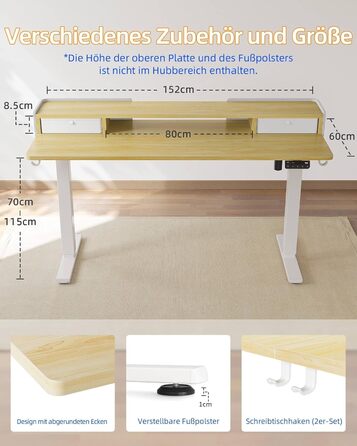 Електричний регульований стіл YIHAYO 120x60 см з ящиками та підставкою для монітора, функція пам'яті, Natural White, білий каркас