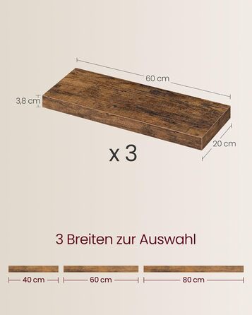 Настінна полиця VASAGLE, 3 шт. у наборі, 20 x 80 x 3,8 см, вінтажний колір, для фотографій, декору, вітальні, кабінету, кухні