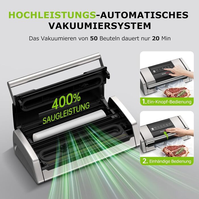 Вакууматор Bonsenkitchen VS5100 для Sous-Vide, 15 л/хв, з вбудованим різаком та кліпсою для пакетів, сріблястий