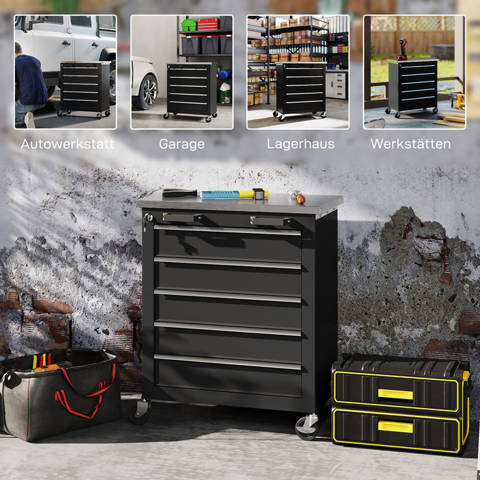 Шафа для інструментів з 5 висувними ящиками, колісна інструментарна скринька, інструментальний візок зі сталі, сріблясто-чорний