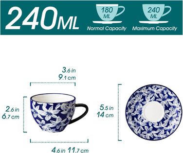 Набір кавових чашок Vancasso Selene, 6 шт., 360 мл, блакитно-білий вінтажний дизайн, для кави, молока, чаю та какао