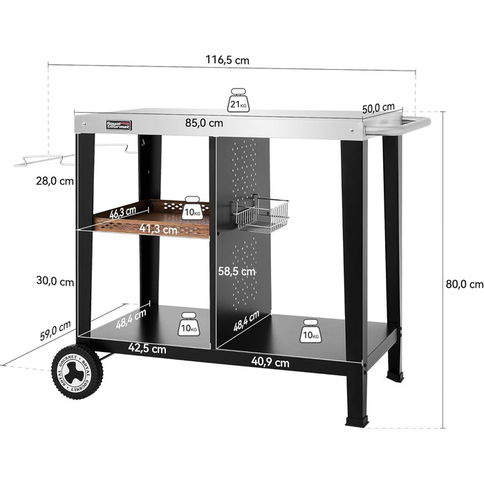 Роял Гормет: Робоча поверхня для гриля 85x50 см з нержавіючої сталі, візок на 3 яруси для гриля та піци, з ручками, тримачем для сміття та полицями для зберігання, легко миється та мобільний