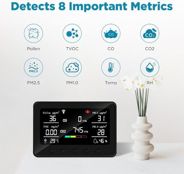 Вимірювач якості повітря Therm La Mode CF-30 зі Smart-додаток: виявлення забруднювачів, пилку, CO2, PM2.5, PM1.0, формальдегіду, температури. Великий LCD-дисплей