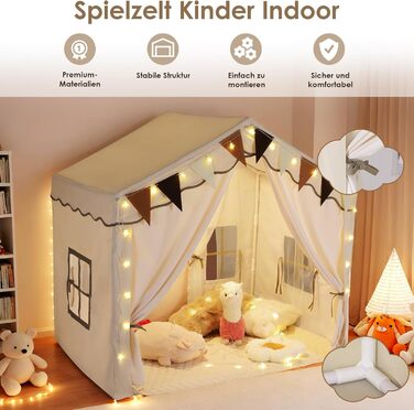 Дитячий намет MAMIZO для гри в приміщенні з килимком, прапорцями та світлом, 136x95x133 см. Ідеальний намет-ігровий будиночок для дітей, підходить для хлопчиків та дівчаток, кремового кольору.