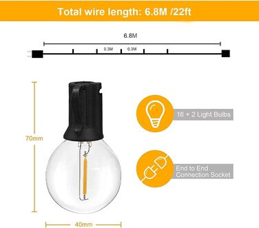 Зовнішні струнні ліхтарі Qxmcov з 29 глобусними лампами G40, стійкі до погодних умов для саду, балкона, патіо (6.8 м)