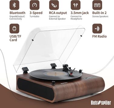 Вініловий програвач Plattenspieler з Bluetooth, FM-радіо, вбудованими динаміками, LED-дисплеєм, USB/SD, кодуванням MP3, дерев'яний ретро LP-плеєр