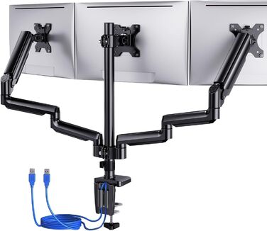 Тримач для моніторів ErGear на 3 монітори (13-27 дюймів), VESA 75/100, 2 USB, чорний