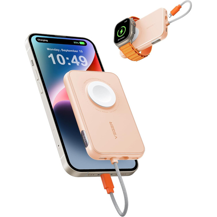 Вт PD, 5000 мАг, кабель Apple, Apple Watch зарядка, USB-C, LED-дисплей, рожевий, 20