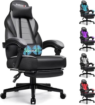Крісло ігрове Bossin Racing Style для офісу та комп'ютерного столу з підніжкою та підголівником сірого та чорного кольору