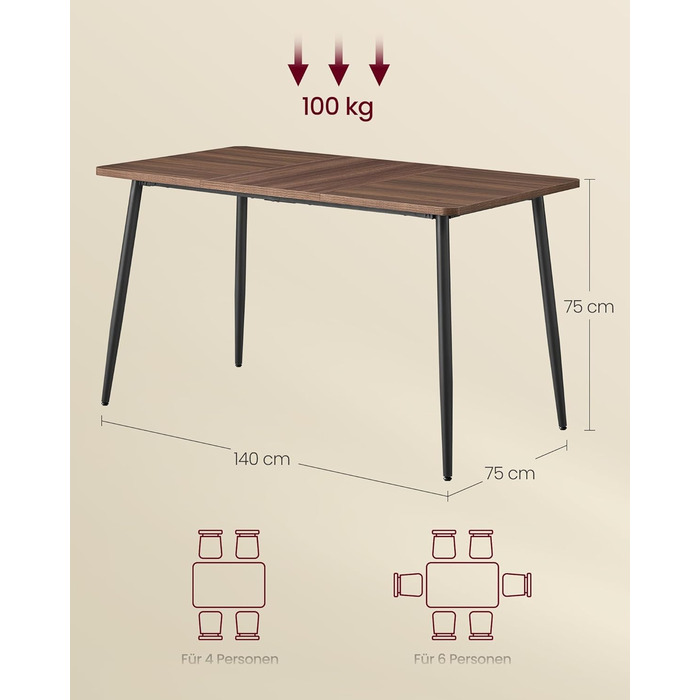 Стол обідній VASAGLE для 4-6 осіб, кухонний стіл у стилі кантрі, 140x75 см, натуральний відтінок горіха + чорний, KDT100KE02