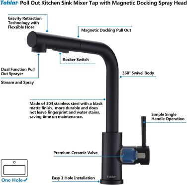 Змішувач для кухні Tohlar, висувний, поворотний на 360, 2 типи струменя, нержавіюча сталь, L-подібна, магнітна док-станція