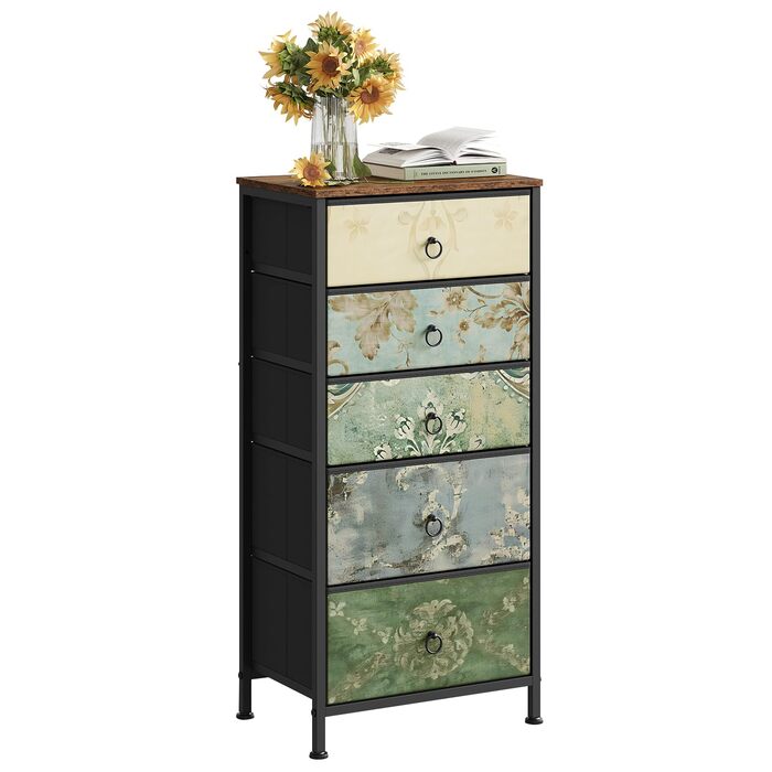 Комод WOLTU з 5 висувними ящиками з тканини, шафа-комод, тумбочка, для спальні, вітальні, коридору, з металевим каркасом та ДСП, SSK004whe (Рустичний коричневий + чорний + вінтажний квітковий мотив, 1)