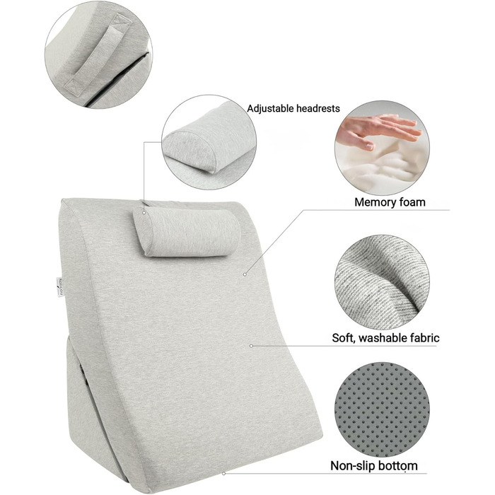 Подушка для спини Lesekissen з регульованою підголівником, з піною з пам'яті, знімний чохол, дихаюча та неслизька, ручка – трикутна для спини, шиї та ніг, 60 x 50 x 30 см