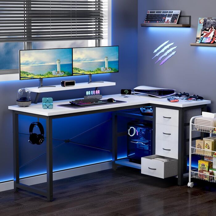 Кутовий стіл Devoko з 4 висувними ящиками з тканини, 2 розетками та 2 USB-портами, для дому та офісу, ігор, білий, 140x80 см